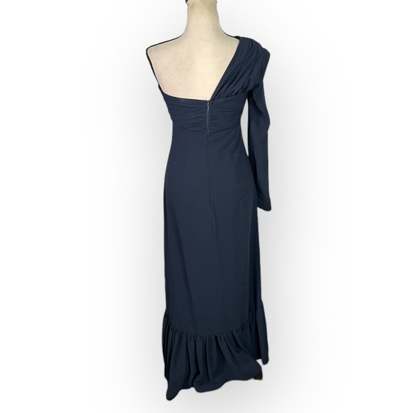 rokh One Shoulder Knot Dress Women's 38 Navy Blue Crepe Midi Ruffle RTR - Picture 5 of 11